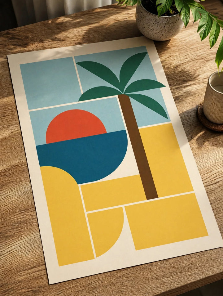 Bauhaus Tropical Art Print featuring simplified tropical scenery with circles, rectangles and botanical details
