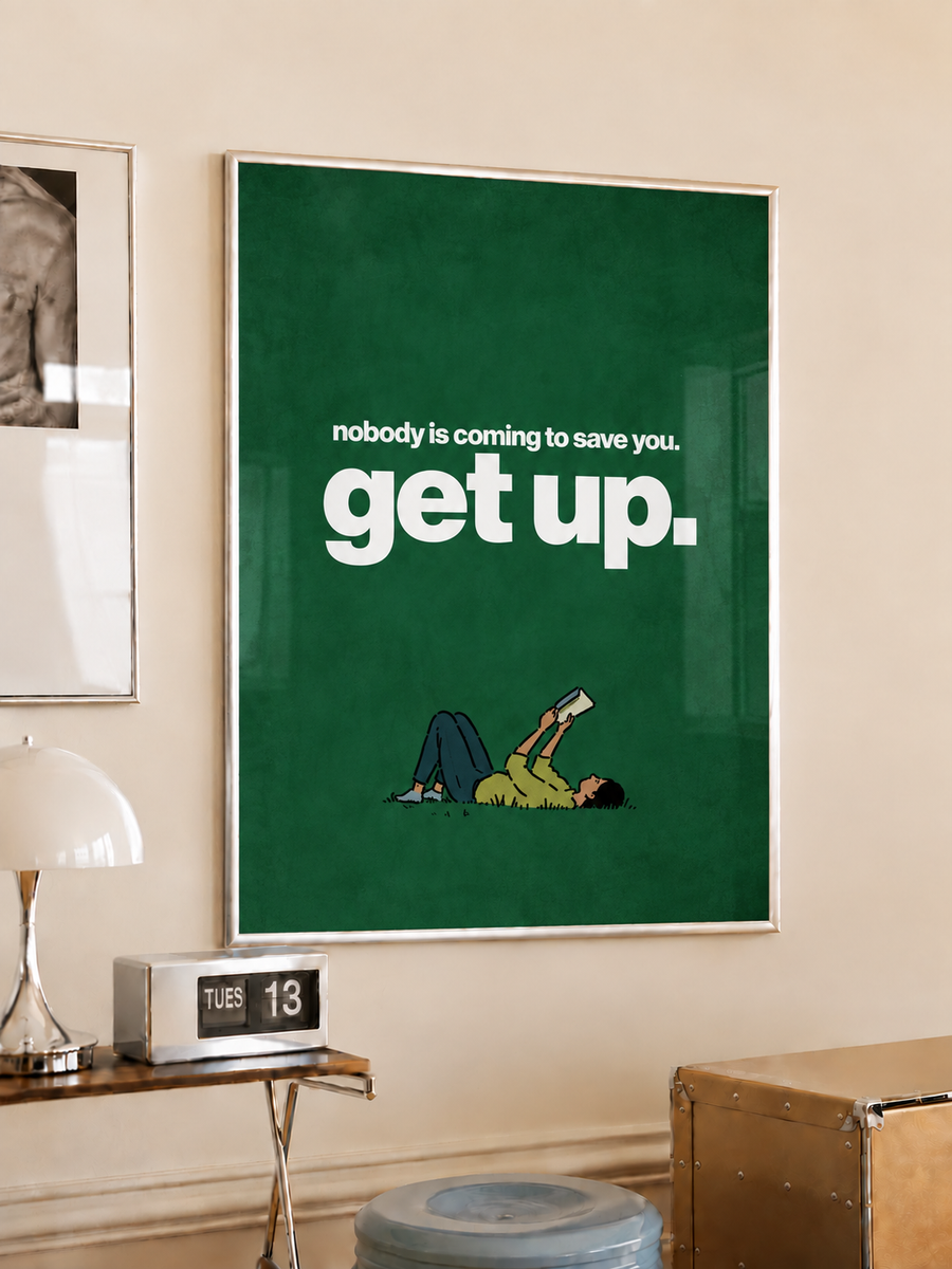 Get Up Motivational Green Typography Wall Art Poster styled interior mockup