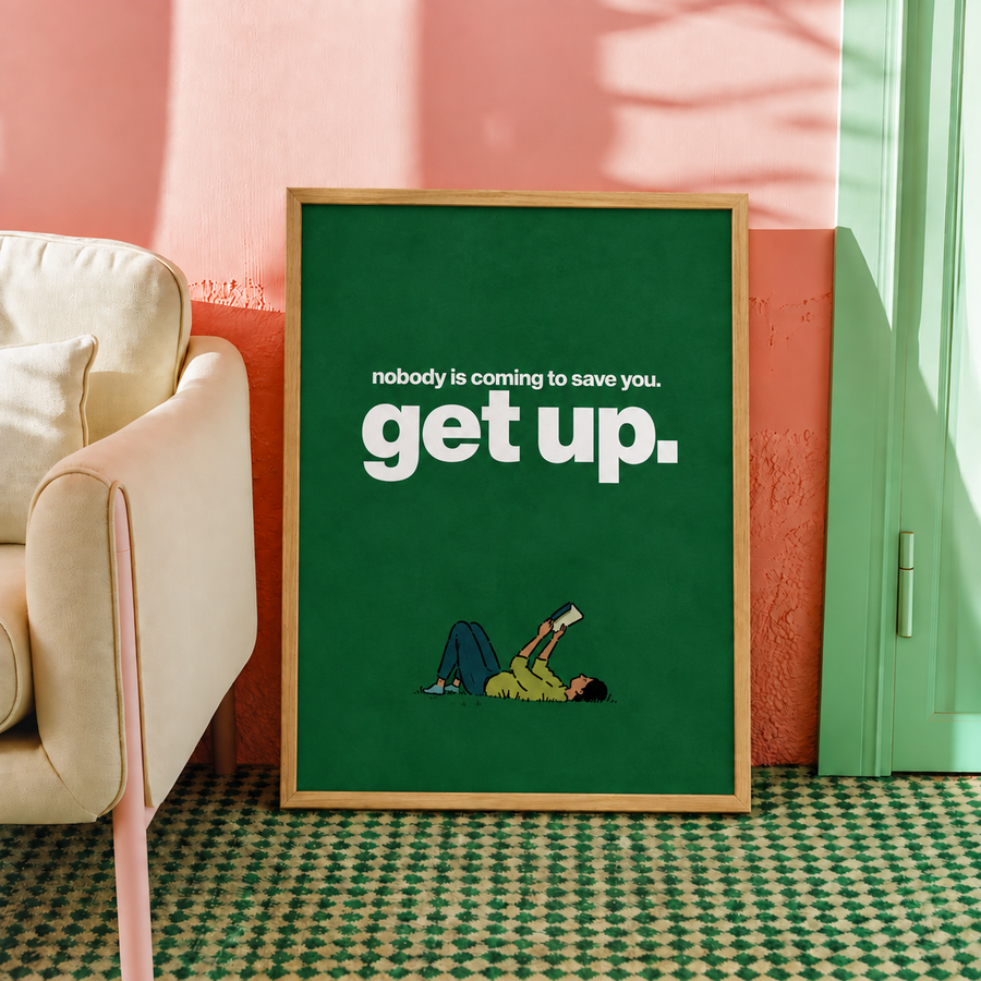 Get Up Motivational Green Typography Wall Art Poster framed home decor mockup