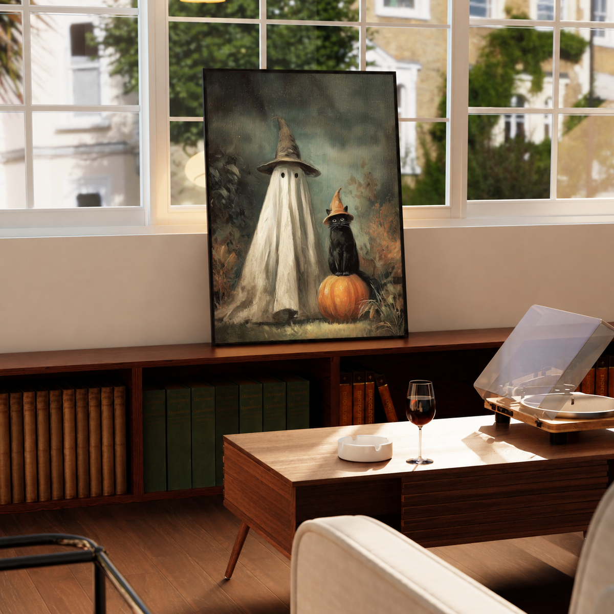 Ghost witch hat art print, black frame with ghost in hat, black cat beside orange pumpkin