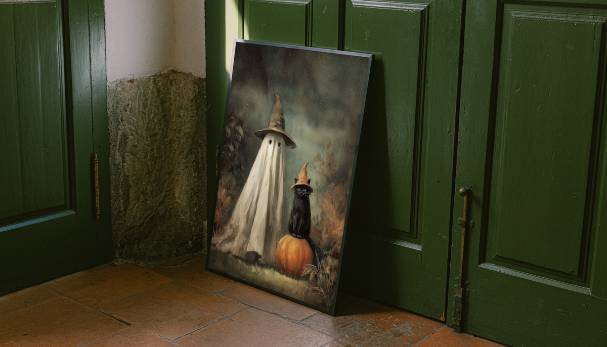 Ghost witch hat art print with dark frame leaning on green doors, ghost, black cat, pumpkin