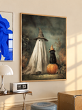 Ghost witch hat art print, brown frame with ghost figure, black cat, orange pumpkin