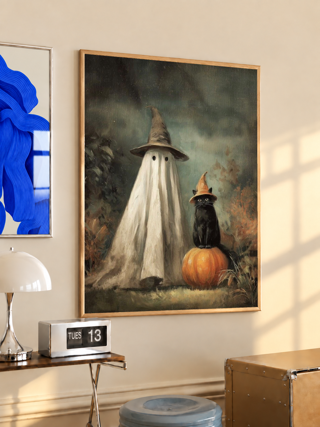 Ghost witch hat art print, brown frame with ghost figure, black cat, orange pumpkin
