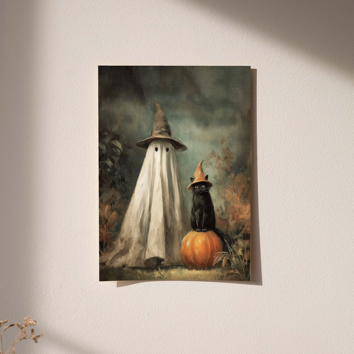 Ghost witch hat art print with ghost, black cat, and orange pumpkin in dark forest scene