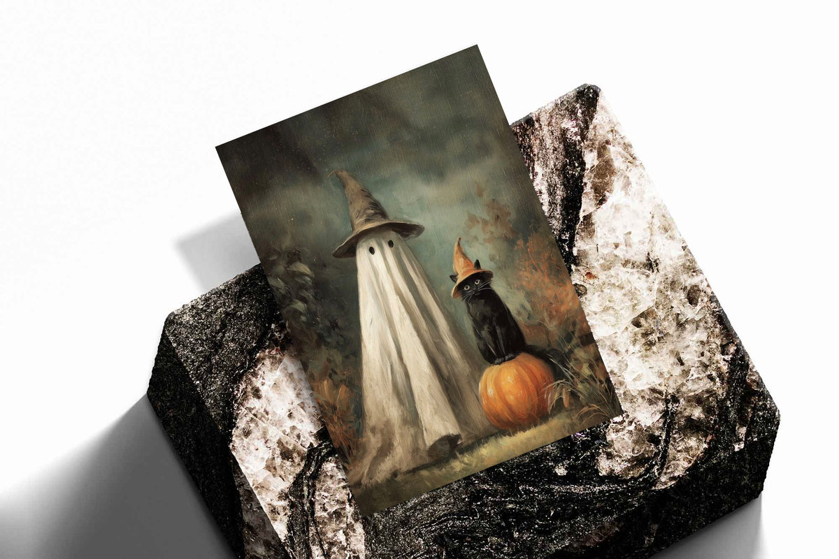 Ghost witch hat art print on dark textured rock, showing ghost, black cat, and orange pumpkin