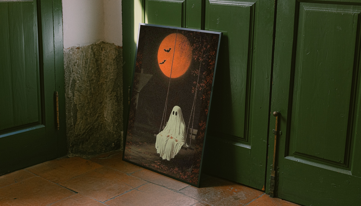 Framed ghost swing art print with orange moon and flying bats, pale ghost figure