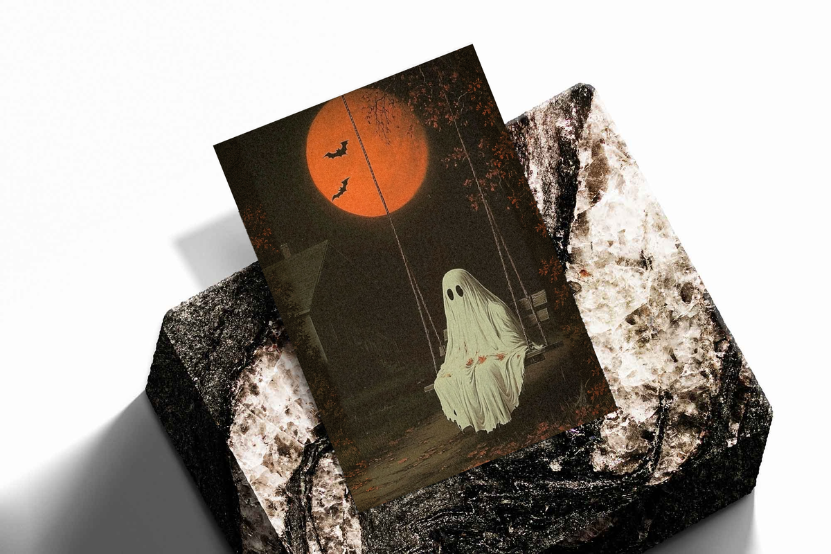 Angled ghost swing art print set featuring orange moon, bats, and a pale hanging ghost
