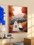 Framed ghost and black cat art print with pumpkin in autumn mountain cottage scene