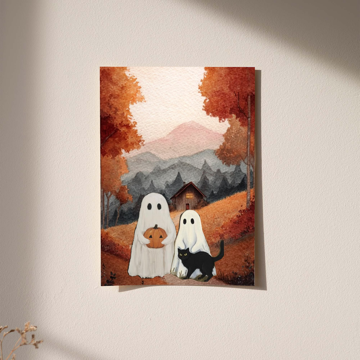 Ghost and black cat art print with pumpkin in an autumn mountain cottage scene