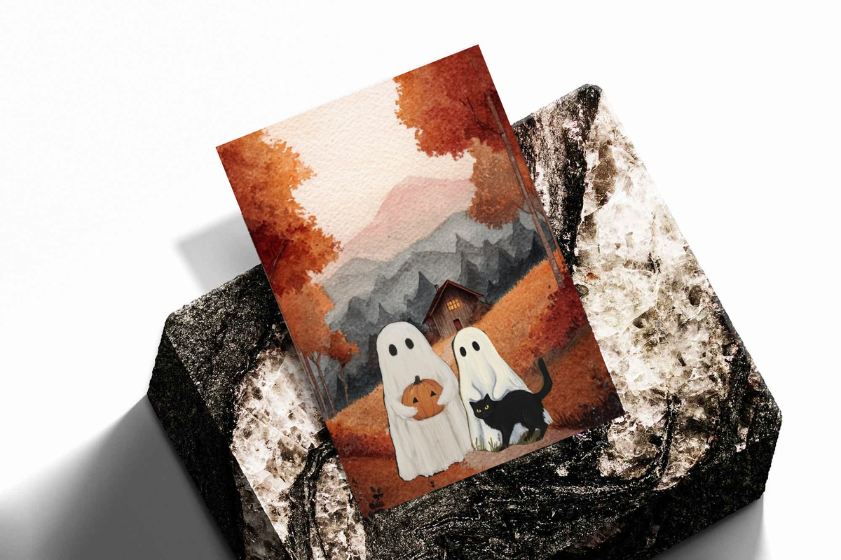 Ghost and black cat art print with pumpkin in autumn mountain cottage scene, tilted view