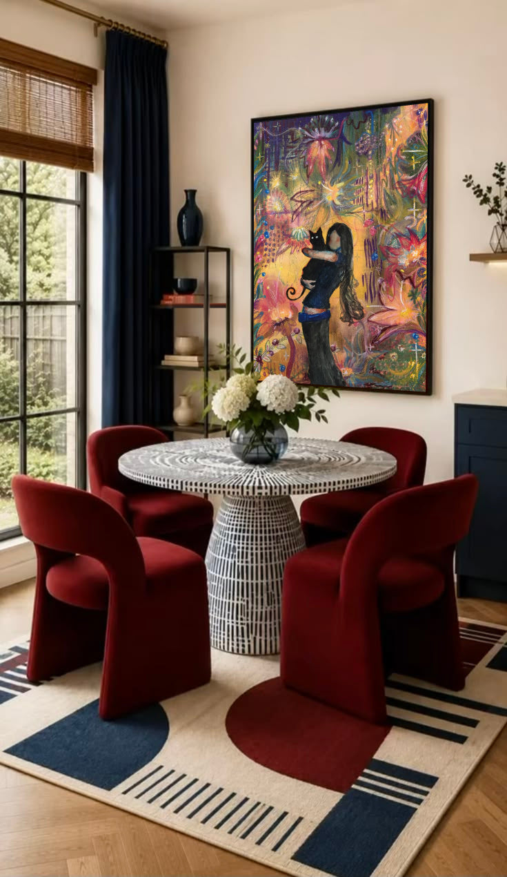 Framed art print of a girl hugging a black cat in colorful floral scene