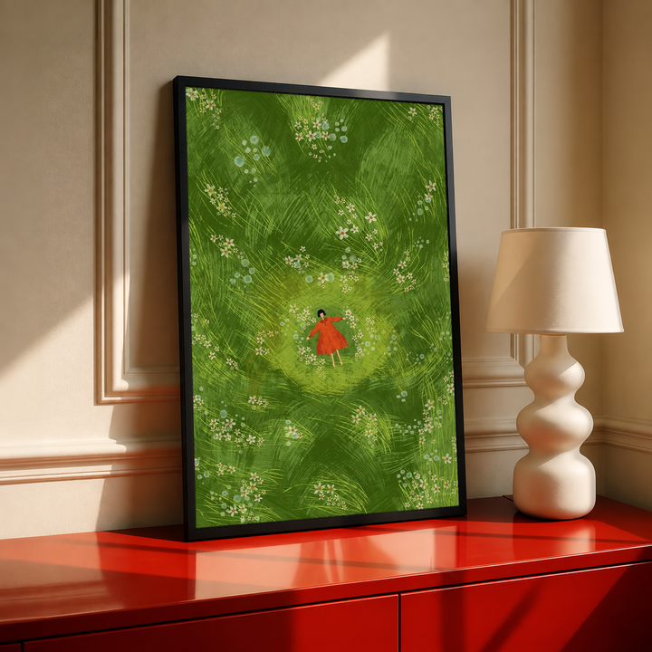 Girl in red dress in a green flower meadow in a black frame on a red cabinet beside a cream lamp