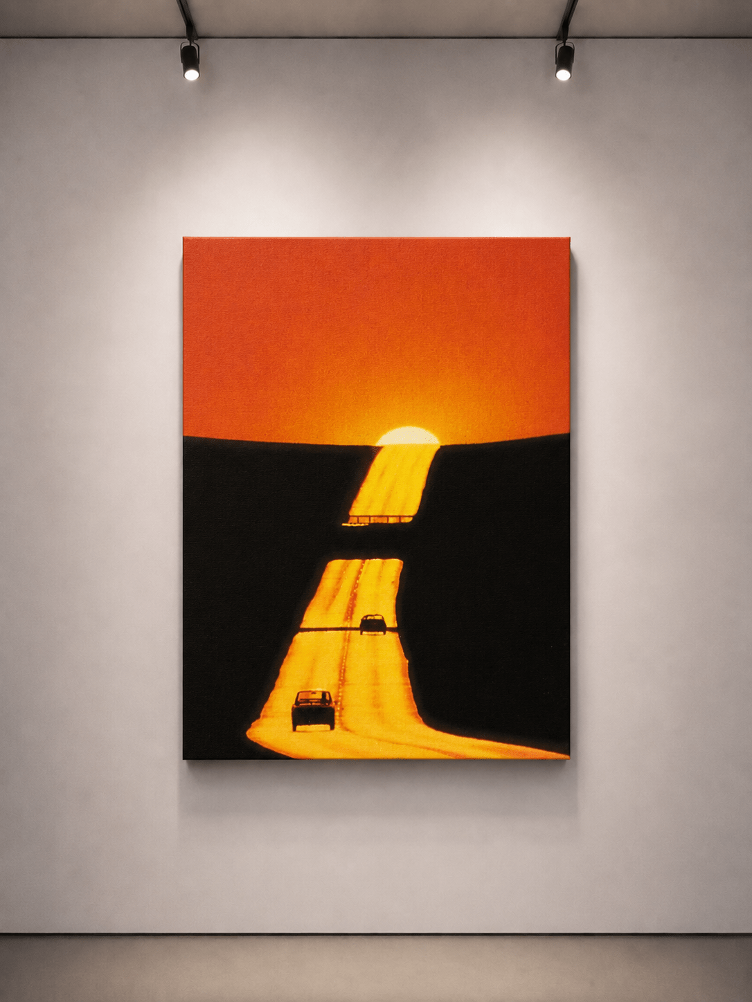 Stampa Golden Exit, cornice rossa; tramonto arancione su strada buia