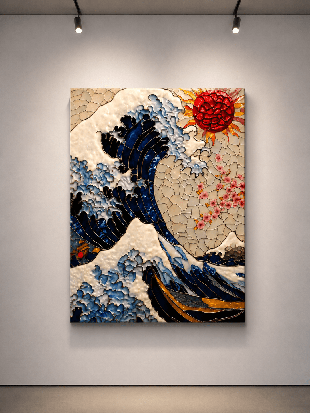 alt
Stampa artistica astratta incorniciata con motivi a onde blu e fiore rosso, formato verticale