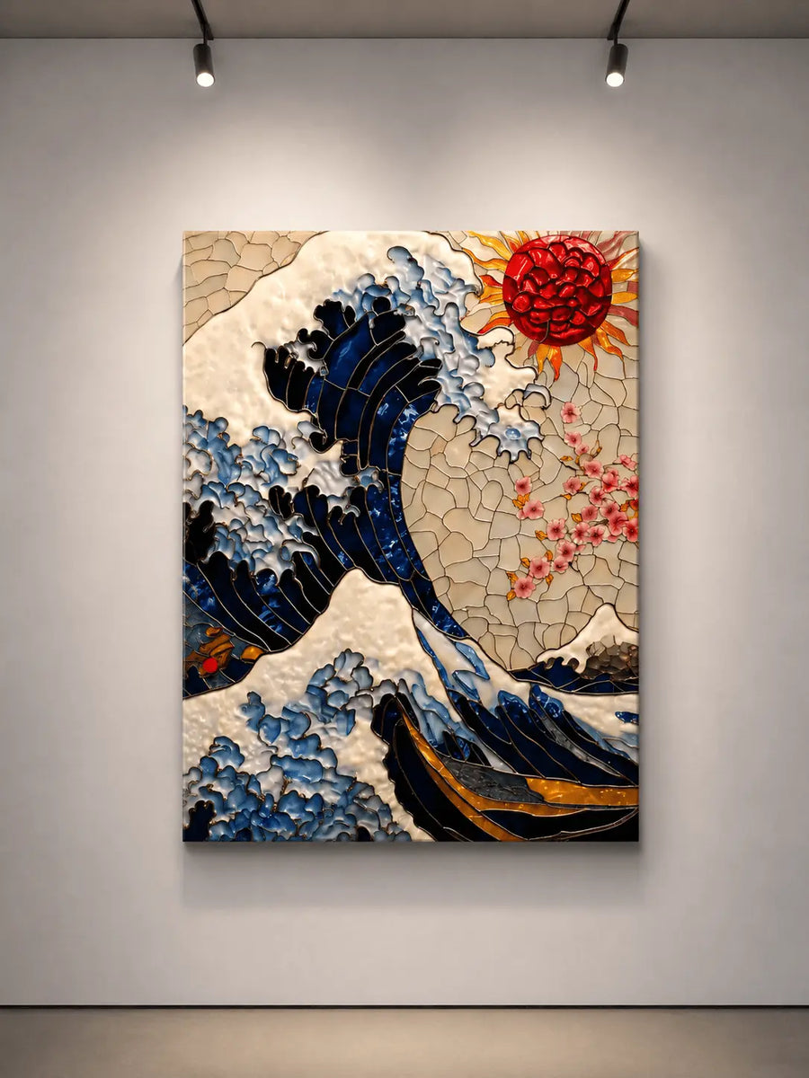 Impresión de arte abstracto enmarcada con patrones de olas azules y flor roja, formato vertical