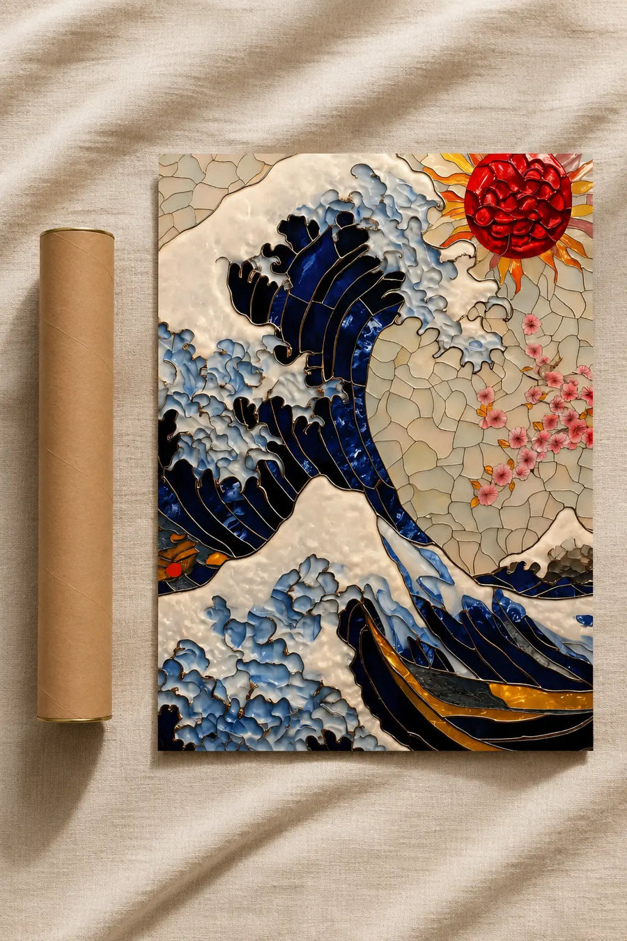 Abstract ocean wave art print with blue details and a red flower bloom