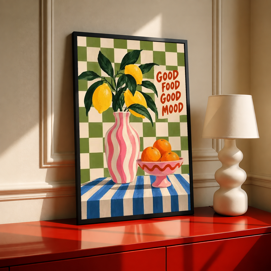Black-framed citrus poster with lemons, pink striped vase, green checkered border, and “Good Food Good Mood”.