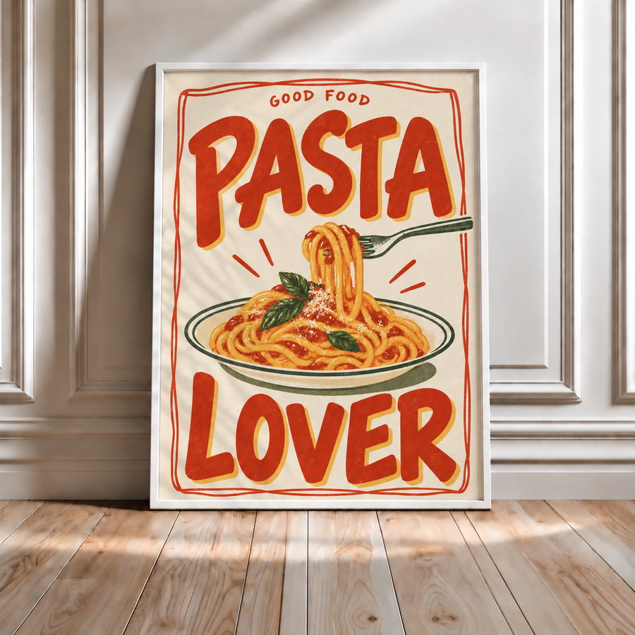 Good Food Pasta Lover wall art displayed in a playful modern kitchen interior