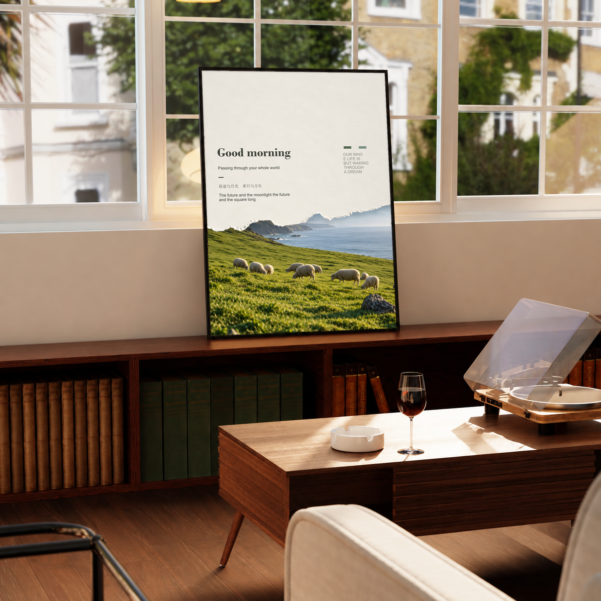 White sheep in a green pasture with misty cliffs and Good Morning lettering; framed print beside a window