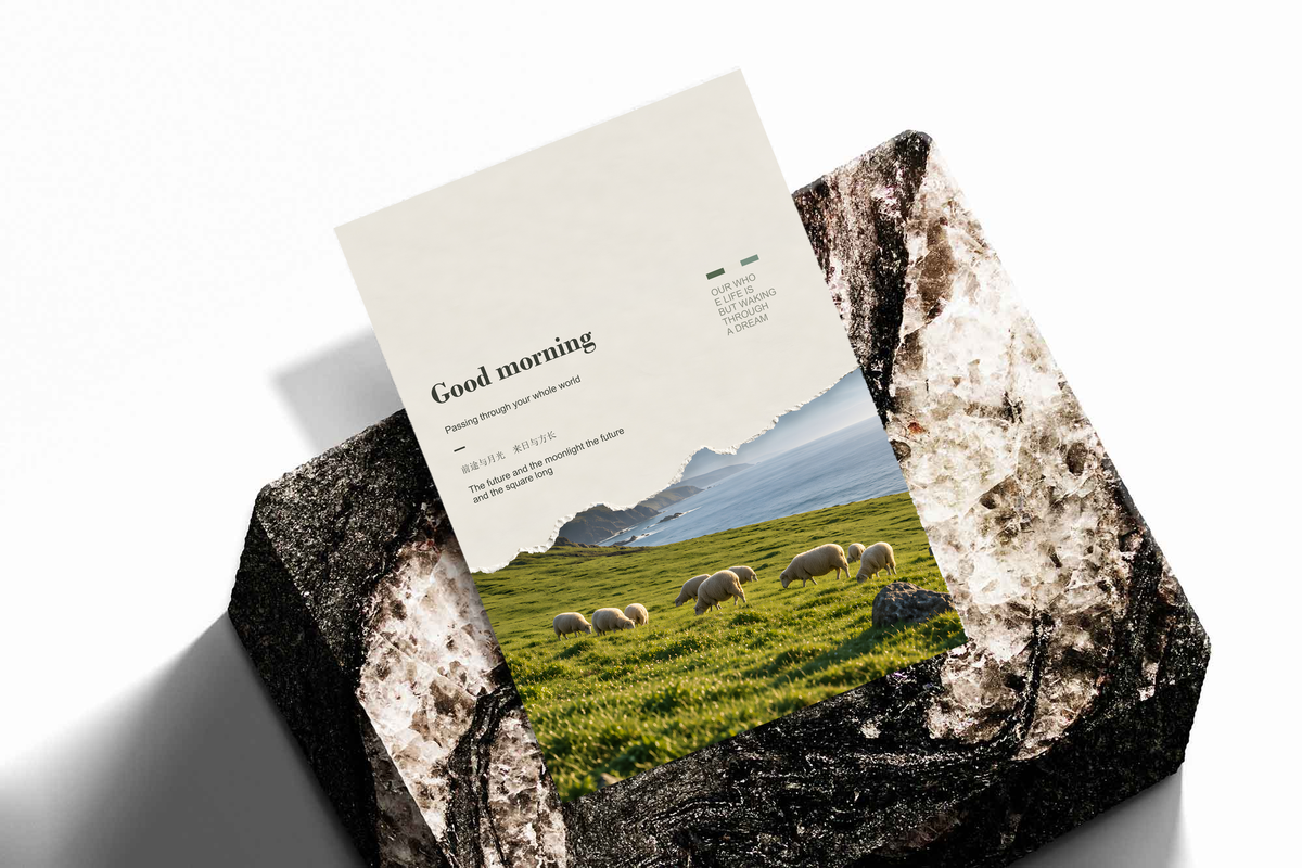 White sheep in a green pasture with misty cliffs and Good Morning lettering; unframed print on a stone display