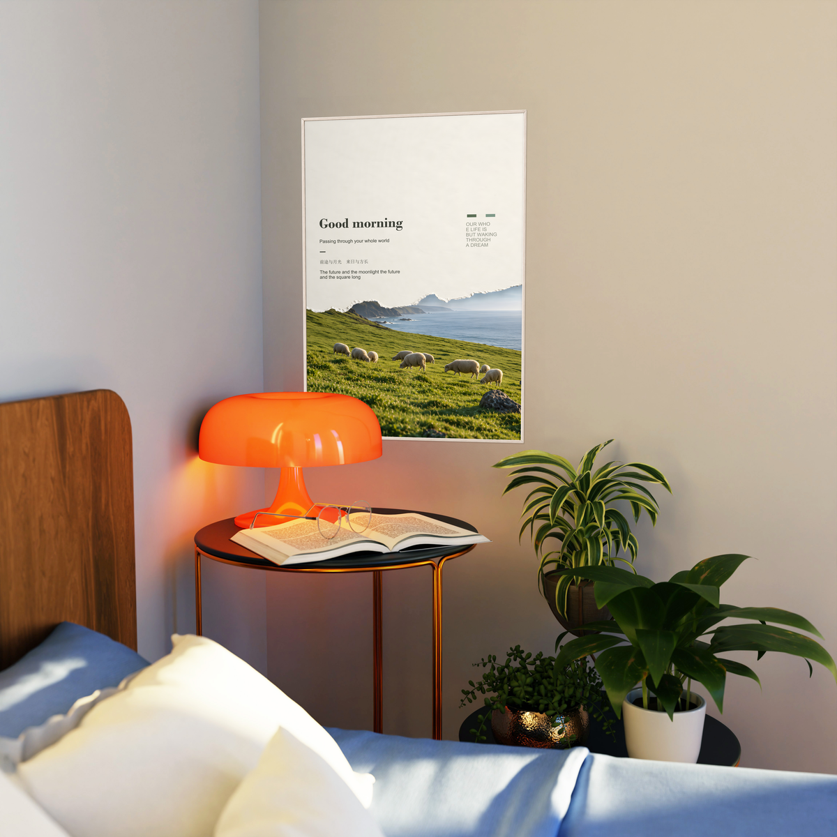White sheep in a green pasture with misty cliffs and Good Morning lettering; artwork styled in a living room