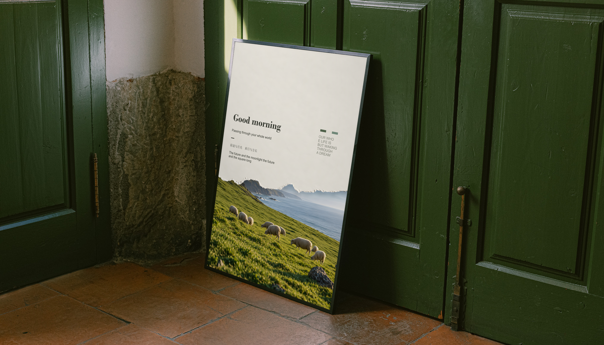 White sheep in a green pasture with misty cliffs and Good Morning lettering; unframed canvas styled by a green doorway
