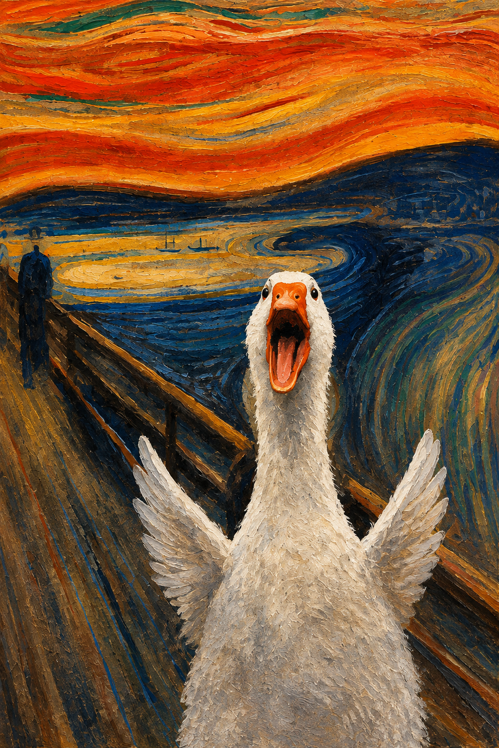 Goose wall art close-up: white feathers and open orange beak, with blue wave strokes