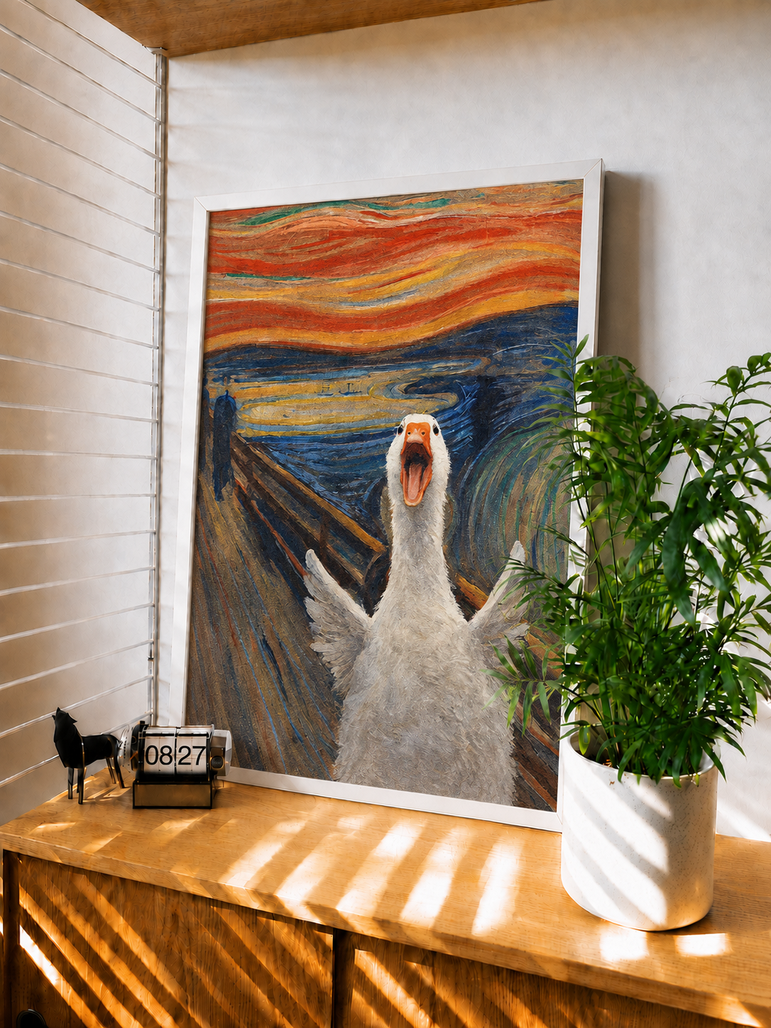 White-framed goose wall art with open-beak bird over blue waves and orange sky