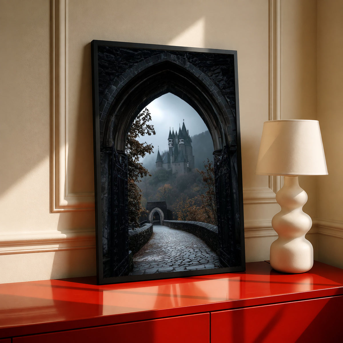 A distant gothic castle seen through a pointed stone arch above a cobbled path in a black frame on a red console beside a sculptural cream lamp