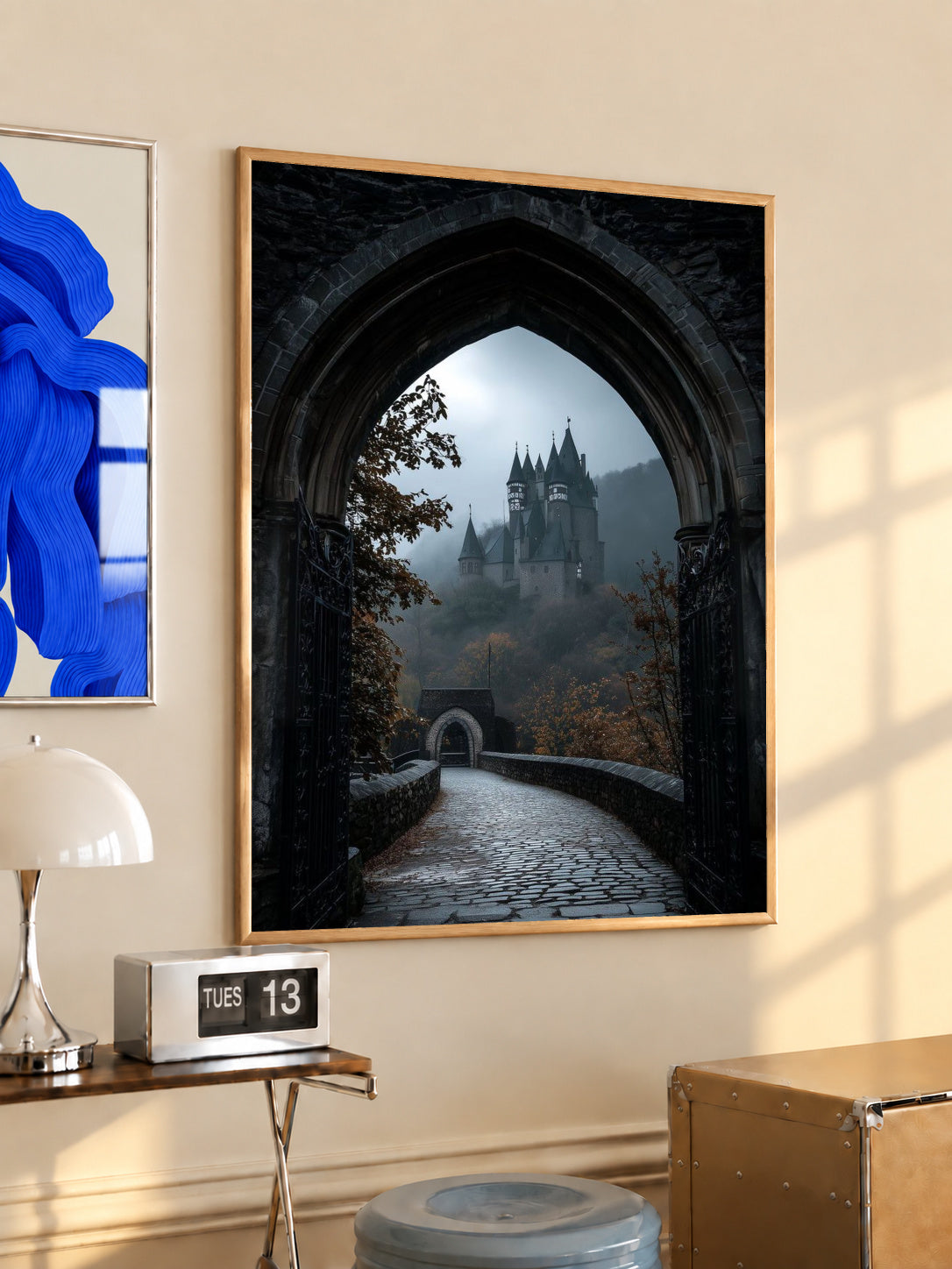 Framed gothic archway wall art print with dark stone passage and misty castle towers