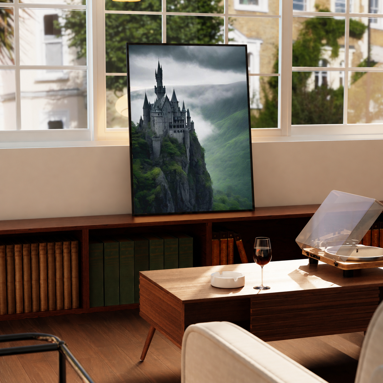 Framed gothic castle cliff poster with cloudy sky and green misty valley