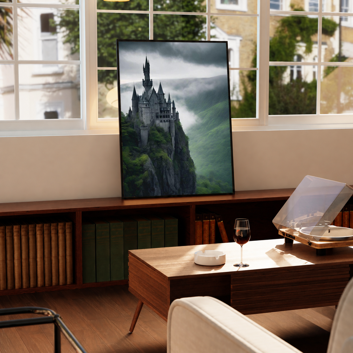 Framed gothic castle cliff poster with cloudy sky and green misty valley