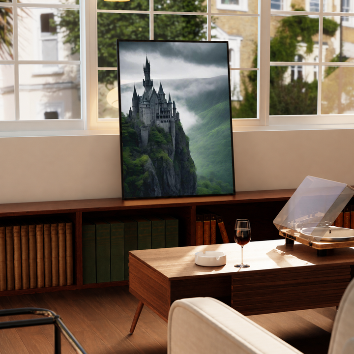 Gothic Cliffside Castle Poster in a black frame near a window and wooden table in a sunlit sitting room.