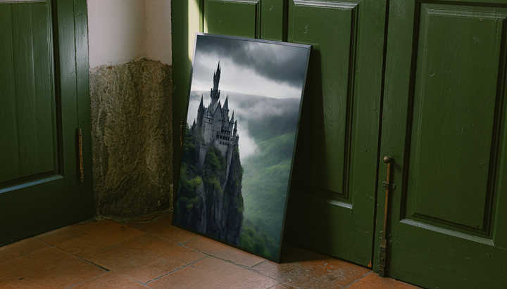 Gothic Cliffside Castle Poster shown as a canvas leaning beside green panels on a wooden floor.