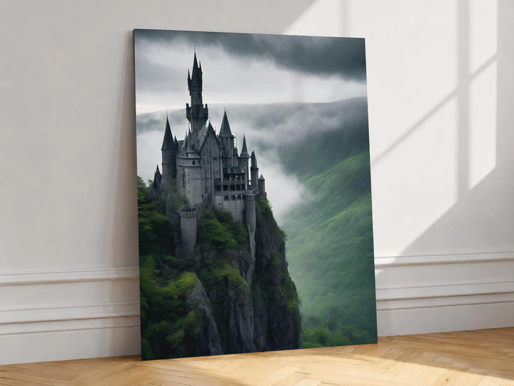 Canvas artwork depicting many-towered castle on a rocky cliff, leaning against a white wall in angled sunlight.