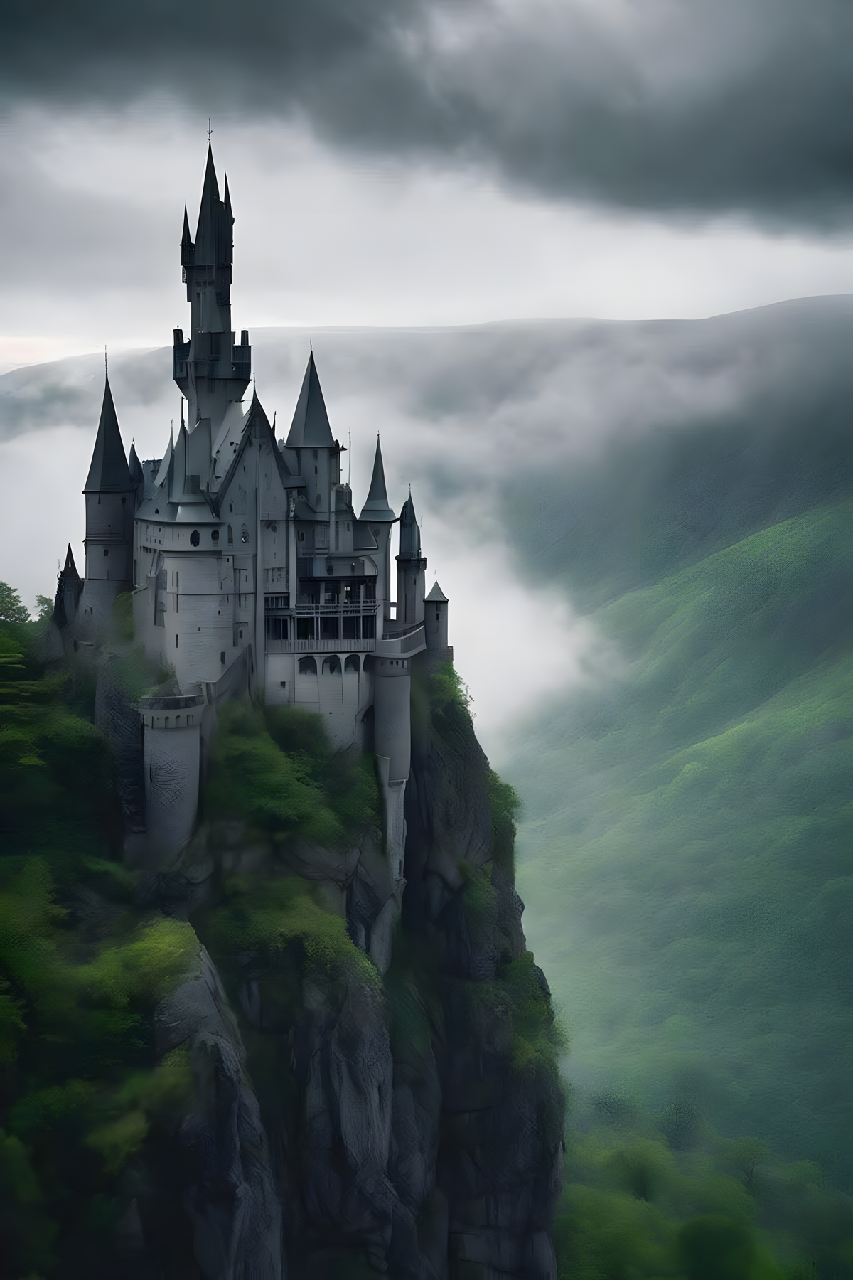 Many-towered castle on a rocky cliff in stone gray, forest green, mist white.