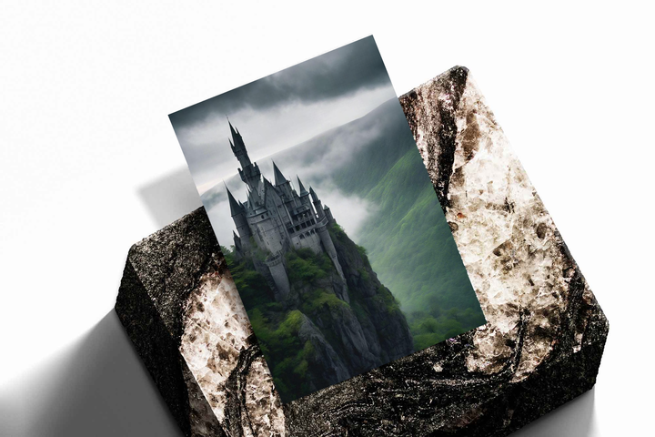 Unframed artwork depicting many-towered castle on a rocky cliff, presented diagonally on rough stone.