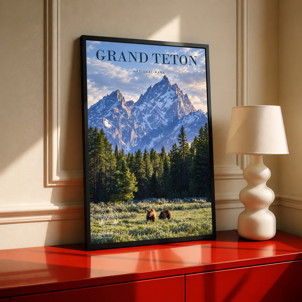 Grand Teton park poster in a black frame, showing mountains, forest, and bears
