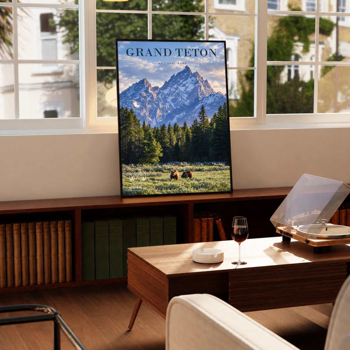 Black-framed Grand Teton poster with mountain peaks, forest, and two bears