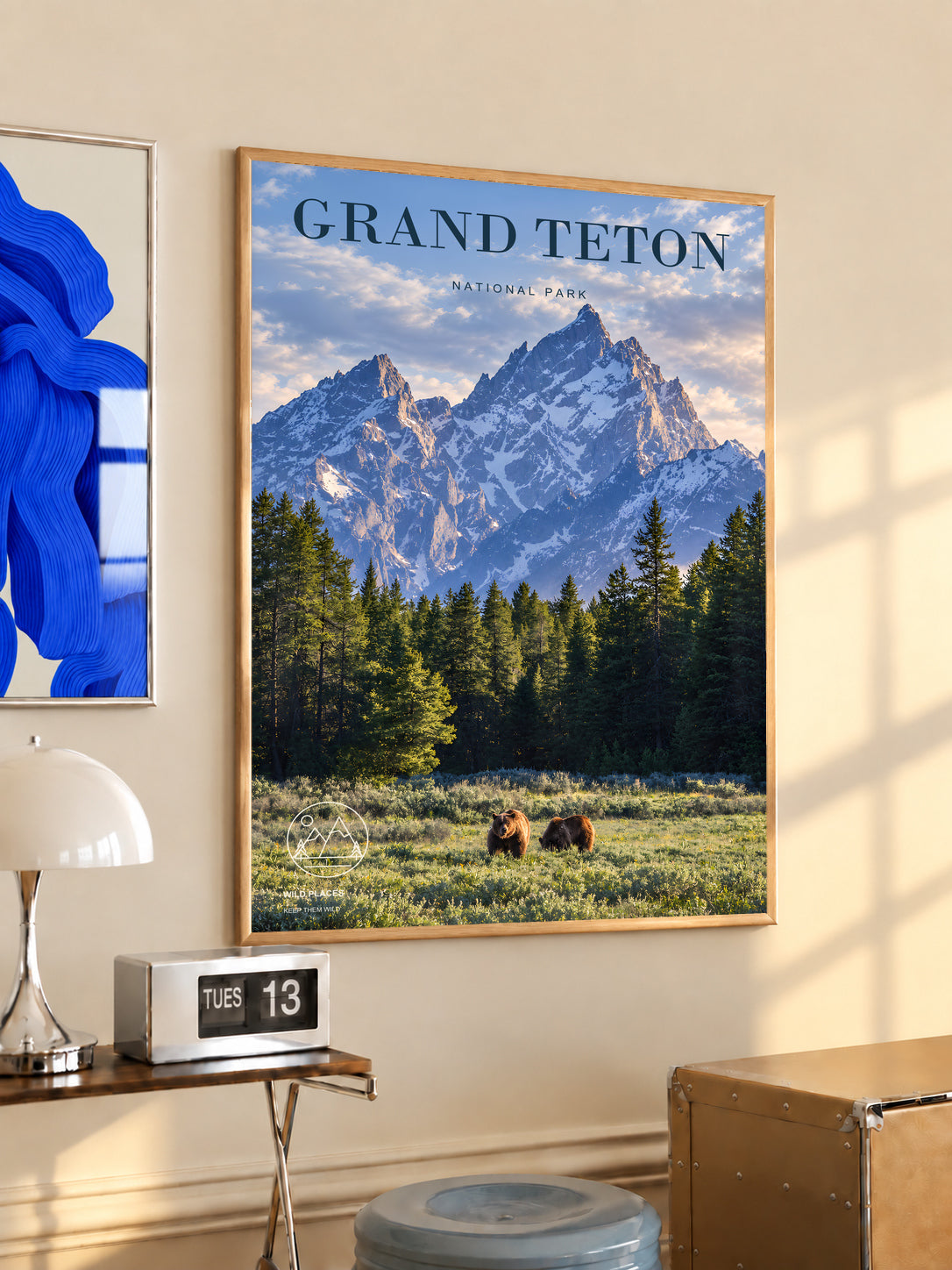 Grand Teton landscape poster in a light wood frame with mountains and bears