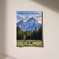 Grand Teton National Park poster with snowy peaks, evergreen forest, and two bears in a meadow