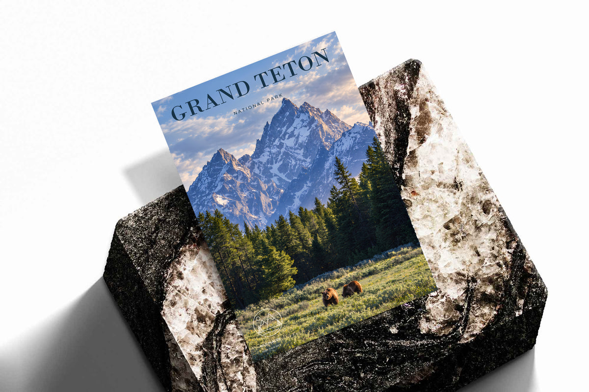 Grand Teton poster with snowy mountains, evergreen forest, and bears