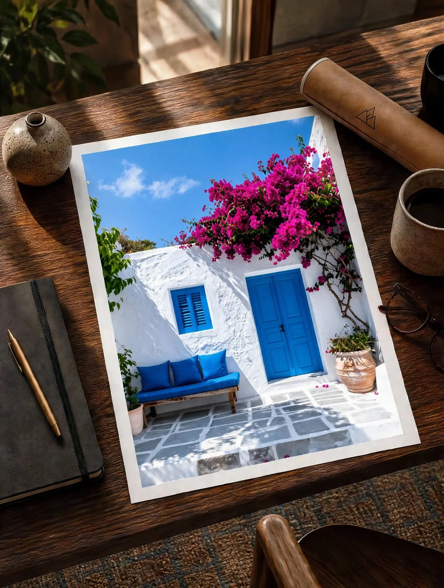 Bougainvillea courtyard print on tabletop with wood frame, pink bougainvillea and blue door