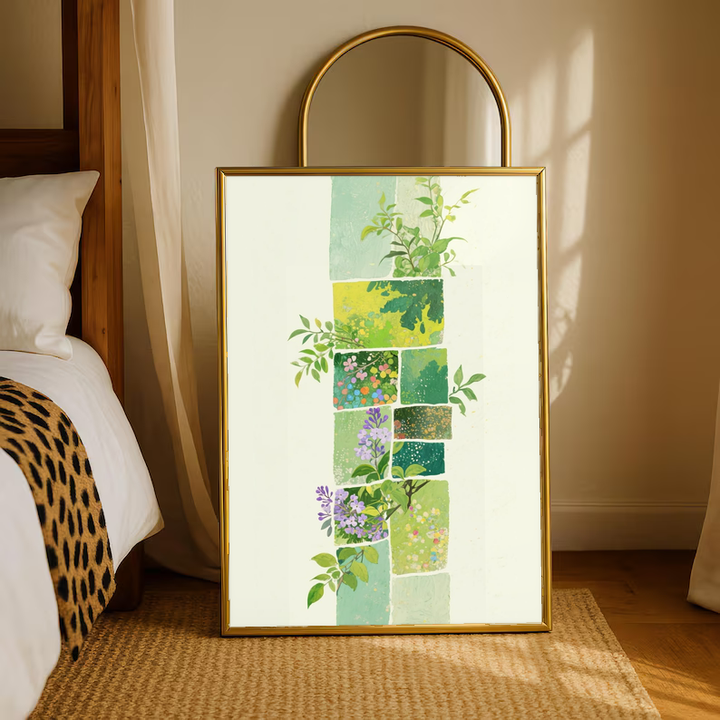Green botanical patchwork in a warm wood frame on a bedroom floor beneath an arched mirror