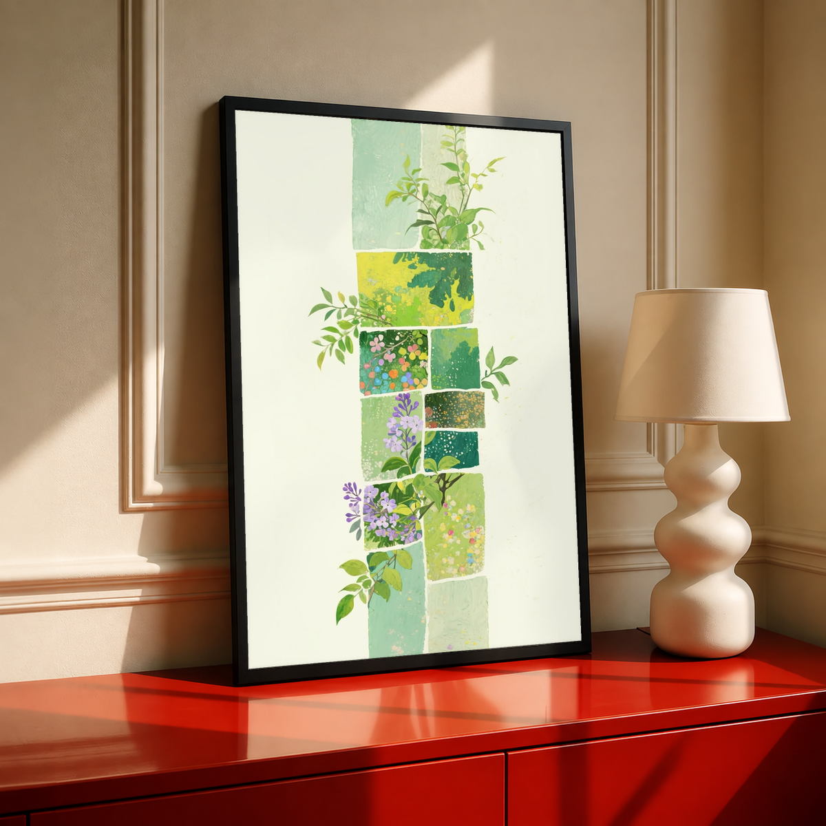 Green botanical patchwork in a black frame on a red cabinet beside a cream lamp