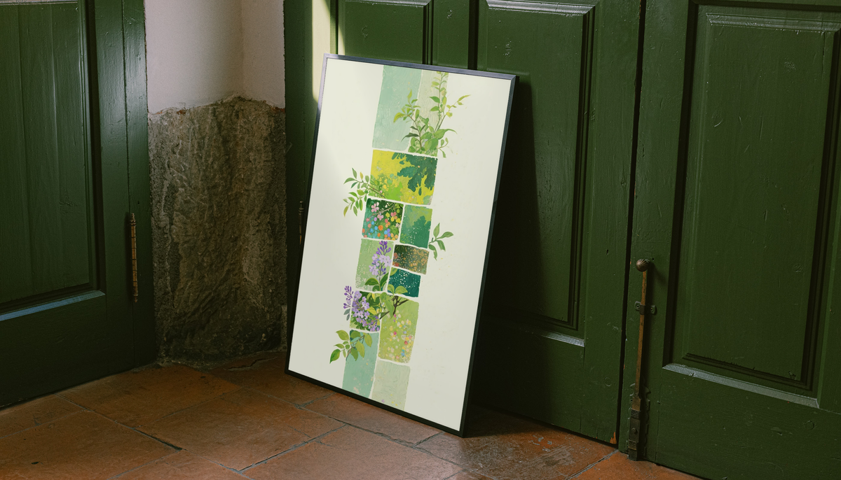 Green botanical patchwork as an unframed display leaning against a green paneled door on a wood floor