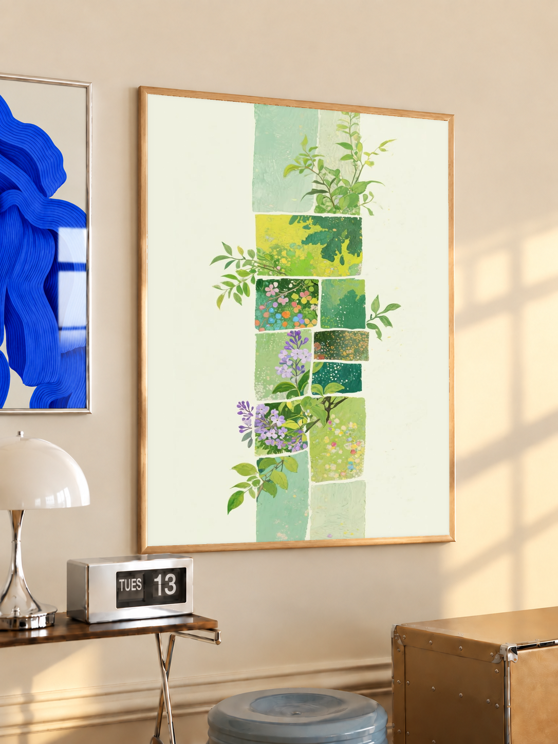 Framed botanical patchwork poster with green leaf panels and small purple flowers, wood frame