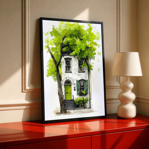 Framed watercolor townhouse print with leafy green tree and bright green door
