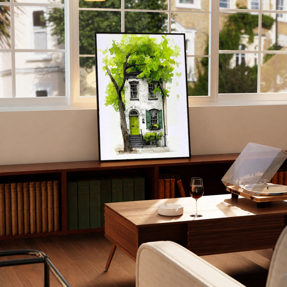 Standing framed watercolor townhouse print with leafy tree and green door