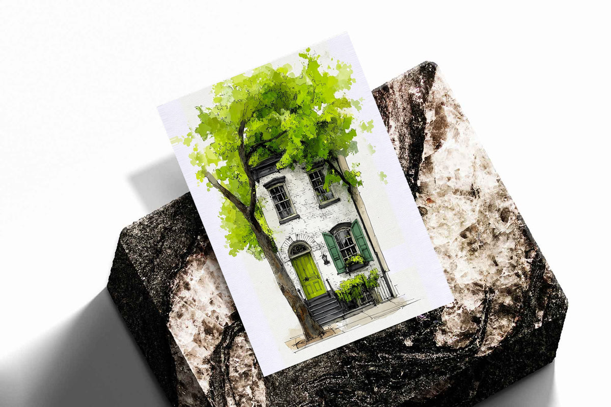 Watercolor townhouse print with leafy tree and green door on dark textured stone